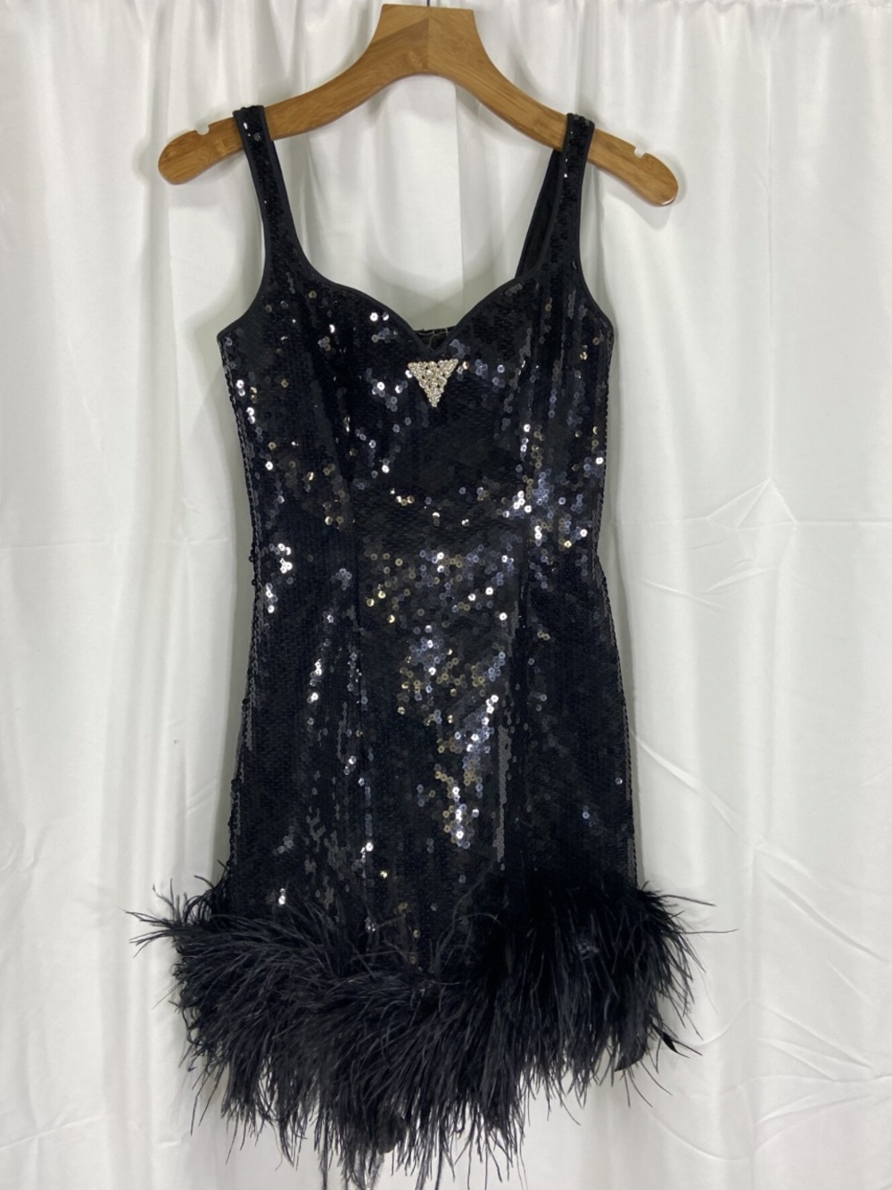 RARE Lillie Rubin Black Sequin Feather Trim Mini Dress Size 4 Vintage Glam Party